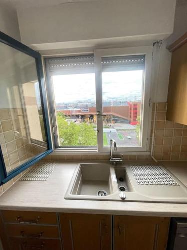 une cuisine avec un évier et une grande fenêtre dans l'établissement Appartement tout confort à 30 min de Paris, à Cergy