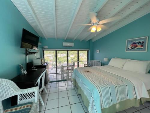 a bedroom with a bed and a desk and a ceiling fan at The Green Iguana Hotel in Charlotte Amalie