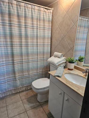 a bathroom with a toilet and a shower curtain at Espectacular Bahía Bonita depto 42 in Concón