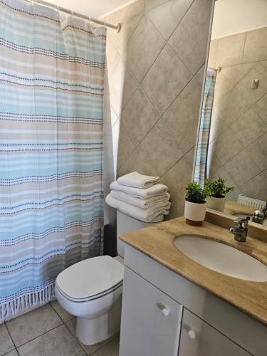 a bathroom with a toilet and a sink and a shower at Espectacular Bahía Bonita depto 43 in Concón