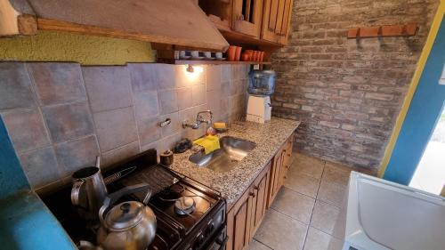 a small kitchen with a stove and a sink at Cabañas La Ofelia in Potrerillos