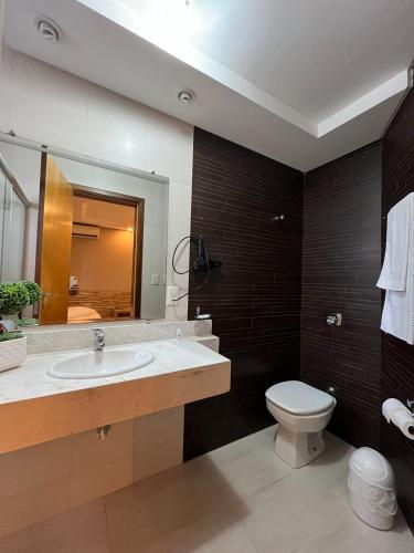 a bathroom with a sink and a toilet and a mirror at Regente Hotel in Pato Branco