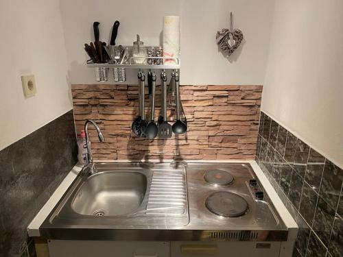 a kitchen with a stainless steel sink and utensils at Ferienwohnung Flunder in Zempin