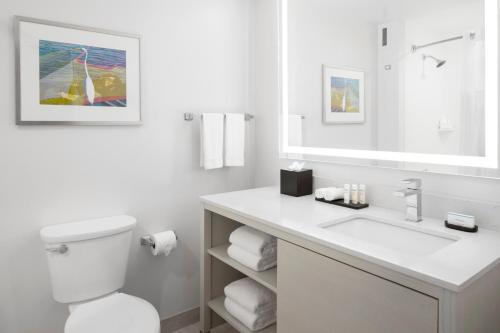 a white bathroom with a toilet and a sink at Embassy Suites by Hilton Tampa Airport Westshore in Tampa