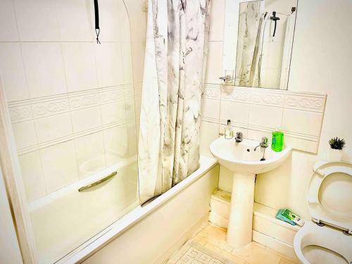 W łazience znajduje się umywalka, toaleta i prysznic. w obiekcie Peaceful Impeccable 2-Bed Apartment in Hatfield w mieście Hatfield