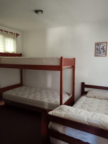 two bunk beds in a room with a window at Cabañas Río Colorado in Curacautín