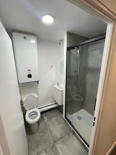 a small bathroom with a toilet and a shower at Superbe logement Paris Stade de France in La Courneuve