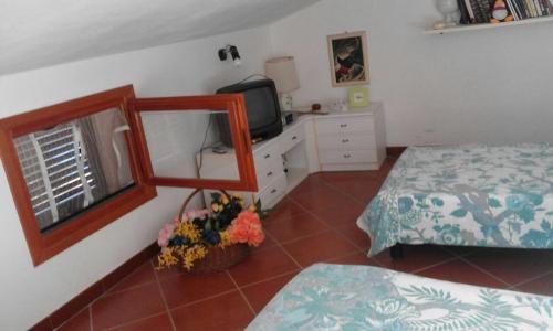 a bedroom with a bed and a mirror and a tv at Casa Porticciolo in Rio Marina