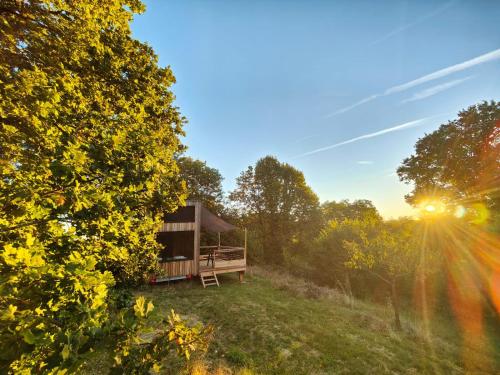 a cabin in the middle of a field with trees at Tiny House MOOSE HOME Les Chaumes in Les Ancizes-Comps