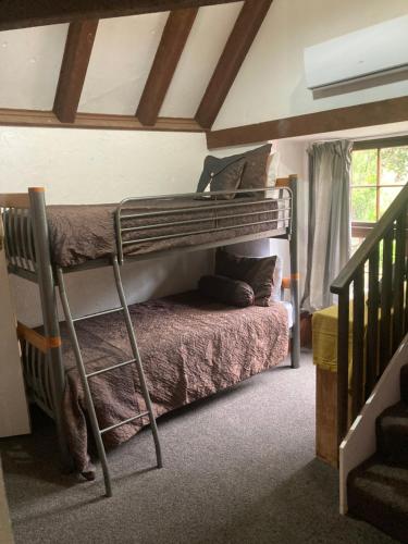 a bedroom with a bunk bed and a staircase at Arden Country House - The Chalet Bed and Breakfast in Dunedin