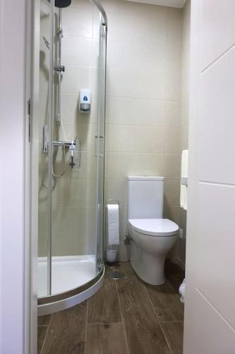a bathroom with a toilet and a glass shower at Da Serra guesthouse in Porto de Mós