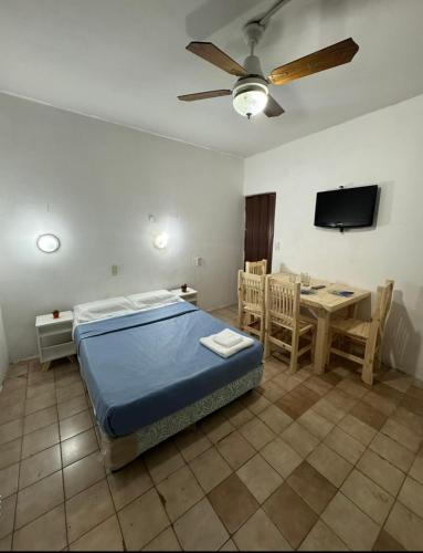 Hotel Yerbal في بوينس آيرس: غرفة نوم بسرير وطاولة وتلفزيون