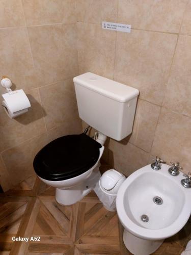 La salle de bains est pourvue de toilettes avec un siège noir et un lavabo. dans l'établissement Complejo Turismo Salvaje, à Santa Clara del Mar