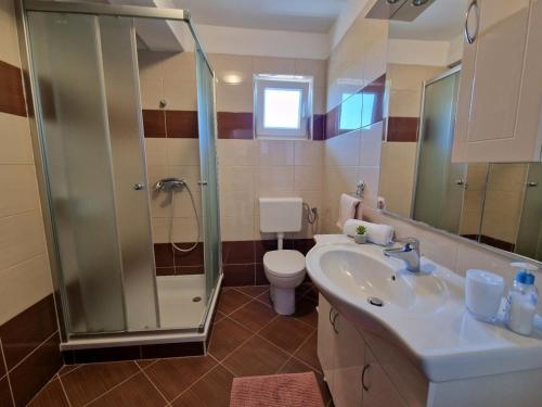 een badkamer met een douche, een wastafel en een toilet bij Apartments with a parking space Barbat, Rab - 22167 in Rab