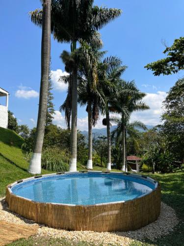 a swimming pool with palm trees in a yard at Palmeras del Mirador - Hotel Boutique Campestre en La Vega a 1h de Bogotá in La Vega