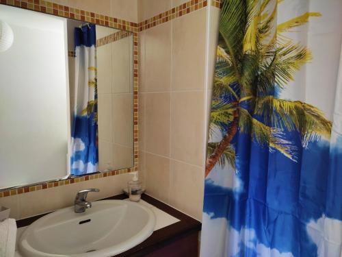 La salle de bains est pourvue d'un lavabo, d'un miroir et d'un palmier. dans l'établissement Maison avec piscine chauffée, à 500m de la plage et proche forêt - Terrasse, vélos inclus - FR-1-652-3, à Saint-Hilaire-de-Riez