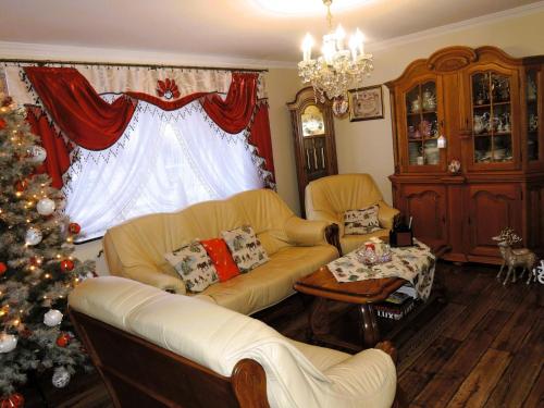 a living room with a christmas tree and two couches at Holiday Home Ko czewo near Lakes and Forests in Kołczewo