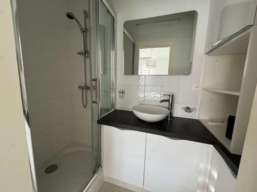 une salle de bain avec un lavabo et une douche dans l'établissement Appartement T2 en bord de mer à Pontaillac - 4 pers, cuisine équipée, WiFi, proche commerces - FR-1-494-168, à Royan