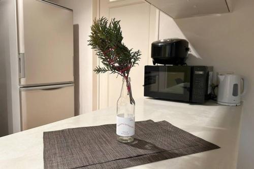 a christmas tree in a bottle on a kitchen counter at Kitamachi Home in Higashikawa