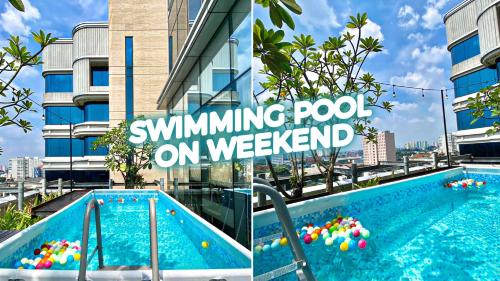 a collage of two photos of a swimming pool on a building at Vasaka Hotel Jakarta Managed by Dafam in Jakarta