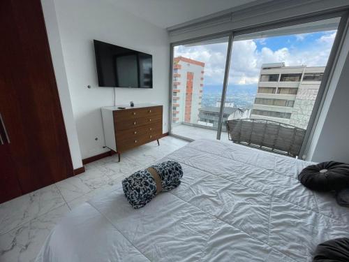 sypialnia z dużym łóżkiem i dużym oknem w obiekcie Oh 801,Suit de lujo en Gonzalez Suarez w mieście Quito