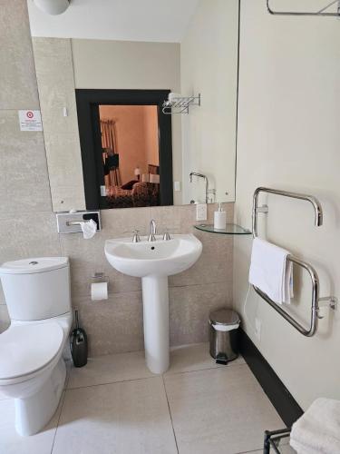 a bathroom with a sink and a toilet and a mirror at Gateway Motor Inn in Masterton