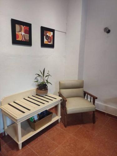 a room with a chair and a table and a plant at Depa en el corazón de Progreso a 2min del malecón. in Progreso