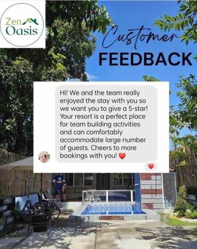 a sign that says customer feedback on a house at Welcome to Our Farm House in Del Rosario