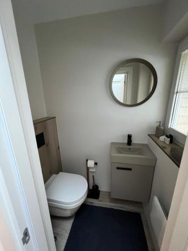 uma pequena casa de banho com WC e espelho em Une-min em Nida