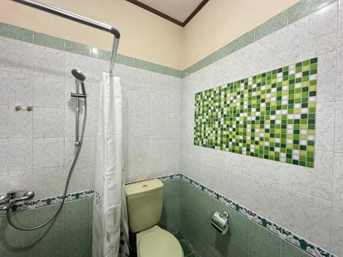 a bathroom with a shower and a toilet in it at The Pancas Homestay in Rantepao