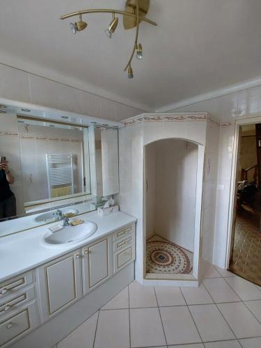 a bathroom with a sink and a mirror and a shower at La maison du bonheur in Beaumes-de-Venise