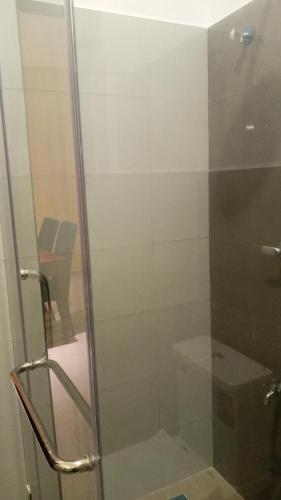 een douche met een glazen deur in de badkamer bij CANTERBURY Green GONAPOLA 1BF5U6 