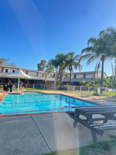 a swimming pool with a picnic table and palm trees at Sailz Villas in Yarrawonga