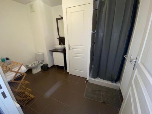 een badkamer met een douche, een toilet en een wastafel bij L’azuréenne vue sur piscine in La Seyne-sur-Mer