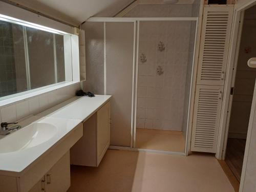 a bathroom with a sink and a shower at Kiruna accommodation Läraregatan 19 b in Kiruna