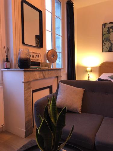 ein Wohnzimmer mit einem Sofa und einem Kamin in der Unterkunft Le Studio de Meli, 3 étoiles, 30m2, raffiné, élégant et bien situé in Rochefort