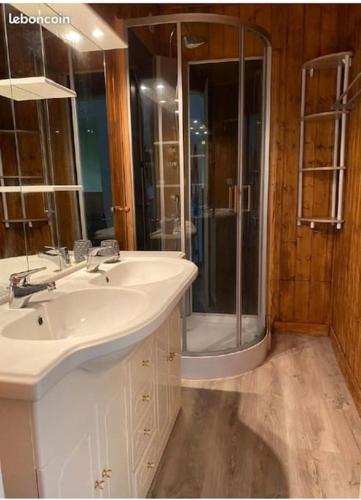 une salle de bain avec un lavabo et une douche dans l'établissement Orcières : appartement spacieux, calme et agréable, à Orcières