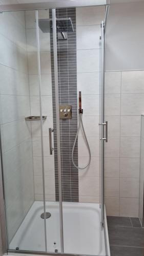 a shower with a glass door in a bathroom at Suite Holiday in Liepgarten