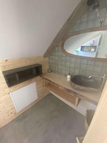 une petite salle de bain avec un lavabo et un miroir dans l'établissement EVASION, à Fort-Mahon-Plage