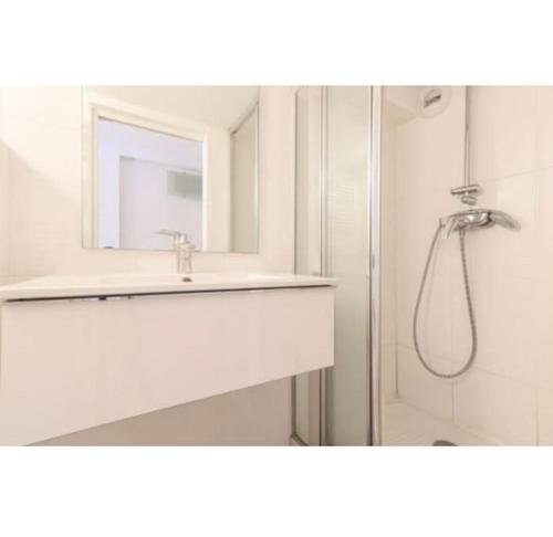 une salle de bain avec un lavabo, un miroir et une douche dans l'établissement Magnifique Duplex Type Loft, à Nice
