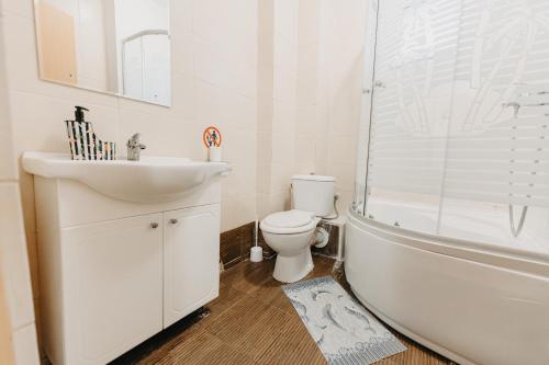 een badkamer met een wastafel, een toilet en een douche bij Apartament Piata Amzei 1 (17 B) in Boekarest