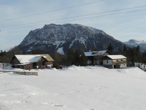 a snow covered mountain in front of a house at Ferienwohnung am Bauernhof Koa in Bad Goisern