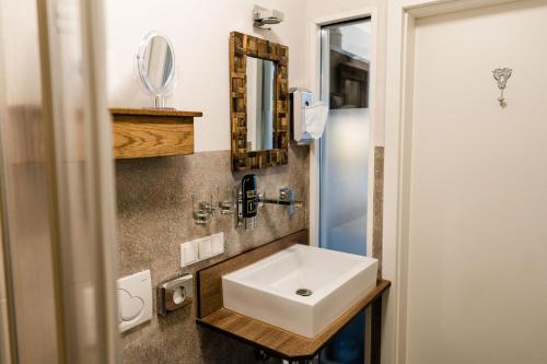 ein Bad mit einem Waschbecken und einem Spiegel in der Unterkunft Hotel Goldene Steig in Kempten