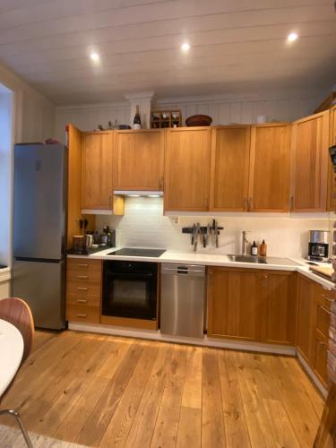 a kitchen with wooden cabinets and stainless steel appliances at Lovely two bedroom flat in central Oslo in Oslo