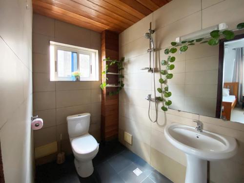 uma casa de banho com um WC, um lavatório e um espelho. em Residence Atlantic - Premium Apartment - WiFi, Gardien, Parking, Climaté em Douala