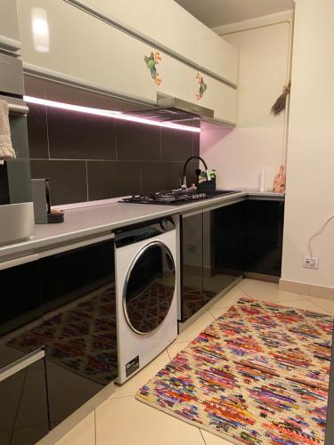a kitchen with a washing machine under a counter at Federal Luxury in Drobeta-Turnu Severin