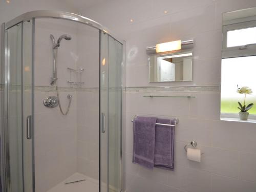 ein Badezimmer mit einer Glasdusche und lila Handtüchern in der Unterkunft 1 Bed in Street 60555 in Walton