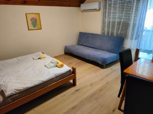 Joky Katona Rooms & Apartments في باليتش: غرفة صغيرة بها سرير وأريكة