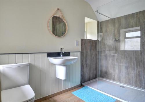 y baño con lavabo, aseo y ducha. en The Manor Criccieth, en Porthmadog