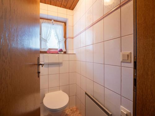 a bathroom with a toilet and a window at Chalet - Appartements Julitta in Mayrhofen
